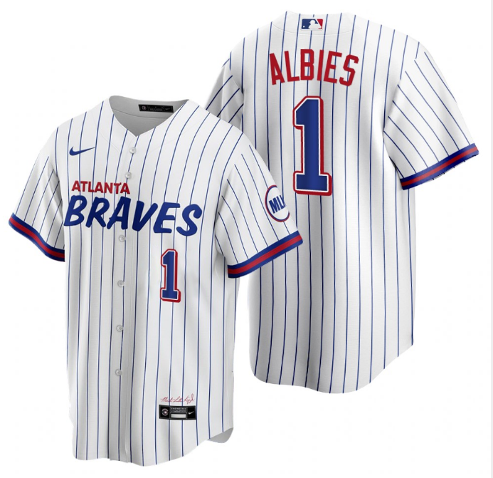 Men's Atlanta Braves #1 Ozzie Albies 2021 White City Connect Stitched Jersey Men's Atlanta Braves #1 Ozzie Albies 2021 White City Connect Stitched Jersey